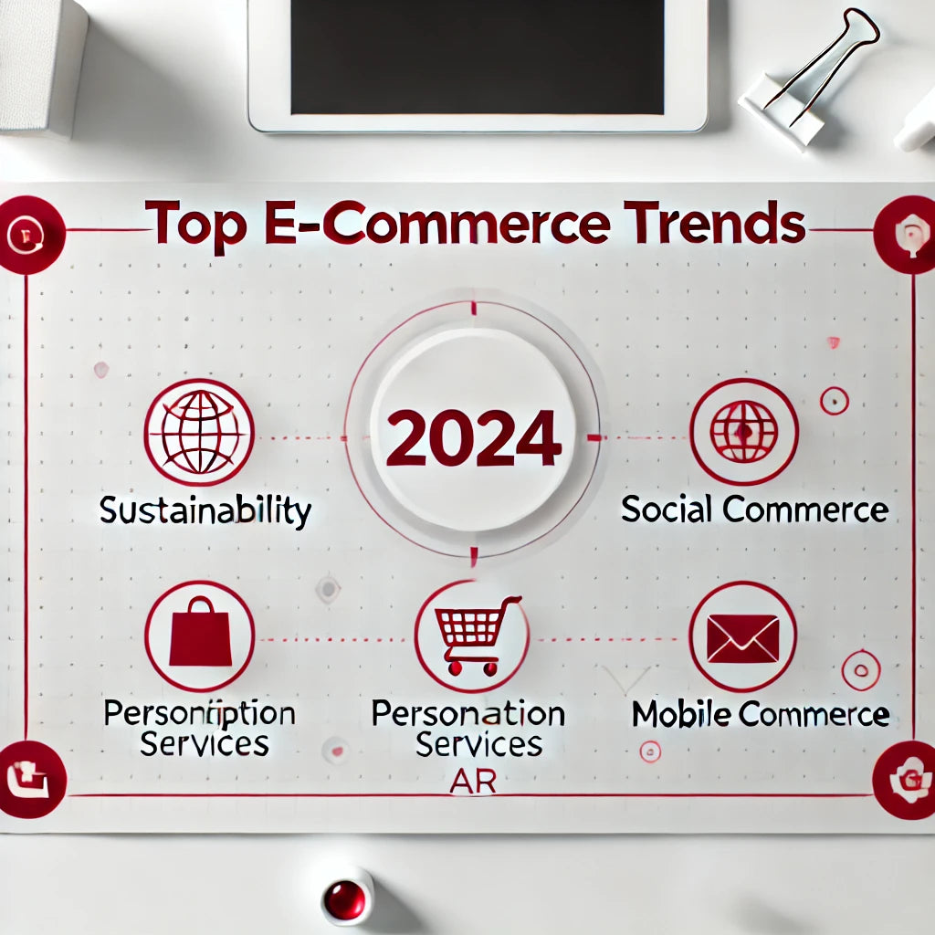 E-commerce Trends, Sustainability, Social Commerce, Personalization, Augmented Reality, Subscription Services, Mobile Commerce, Business Growth, Custom Solutions, Industry Insights